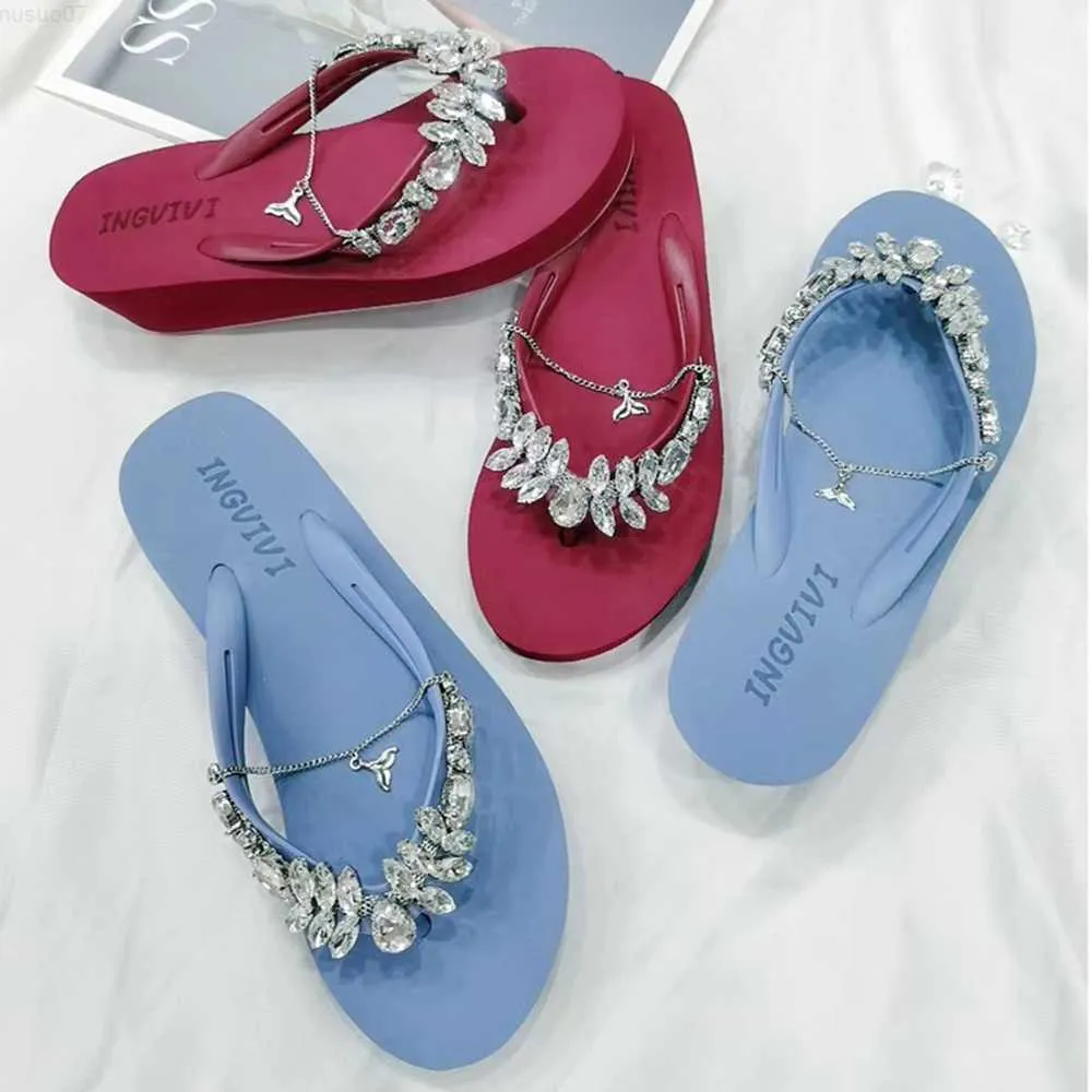 Slippers Luxury Rhinestones Diamond Flip Flops Women Sandals Slippers Holidays Casual Beach Shoes Wedge Platform Sandal Female qt540 L230725