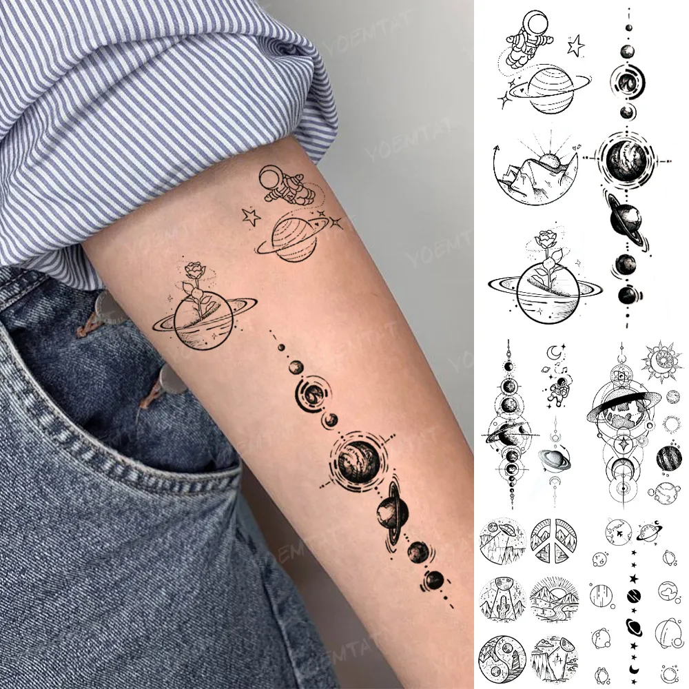 Transfert d'eau Étanche Tatouage Temporaire Autocollant Astronaute Terre Étoile Lune Flash Tatto Femme Homme Enfant Enfant Corps Art Faux Tatoo