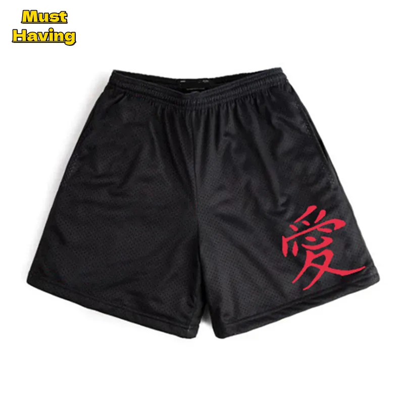 Anime Gym Shorts for Men Male Fitness Workout Pants Mesh Quick Dry Breathable Summer Casual Oversized Shorts with Pockets 5 Inch