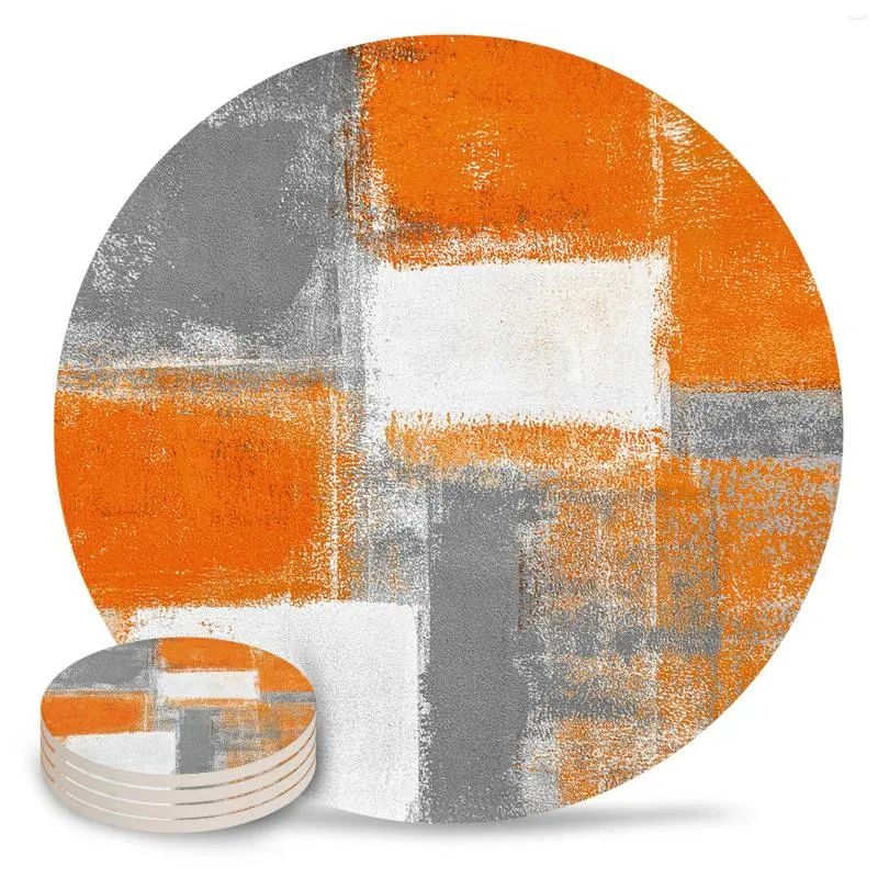 Table Mats Oil Painting Abstract Geometric Orange Round Ceramic Drink Cup Coffee Pad Tea Mat Kitchen Placemat Decoration 4PCS