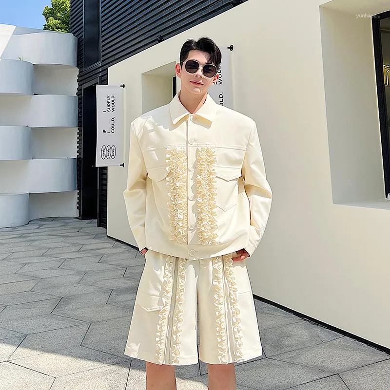 Herrspårar Syuhgfa Men Kort ärm Pärlajacka Löst kausal 2023 Spring Summer Luxury Shorts passar koreanska mode Två stycken uppsättningar