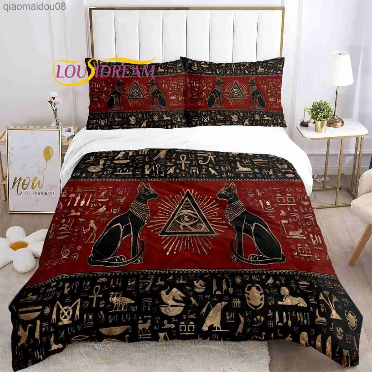 Oude Egypte Egyptische God Egyptische Kat Dekbedovertrek Case Beddengoed Driedelige Set Multi Size Quilt Bed Trooster Set L230704