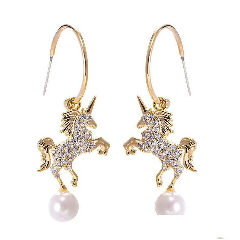 Charm Ins Animal Series Girls Fashion Wild Unicorn Full Zircon Orecchini squisiti per le donne Regali Gioielli popolari Drop Delivery Dhbj0