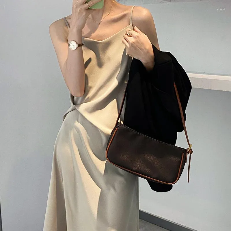 캐주얼 드레스 여성 슬링 드레스 슬림 허리 새틴 2023 여름 패션 단색 긴 세련된 세련된 아주 간단한 미디 여성