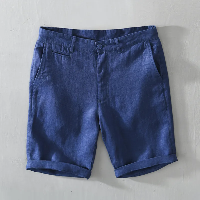 L8216 Mid Waist Linen Beach Shorts Summer Men Simple Business Casual Straight Pockets Solid Color Zipper Work Knee Length Pants