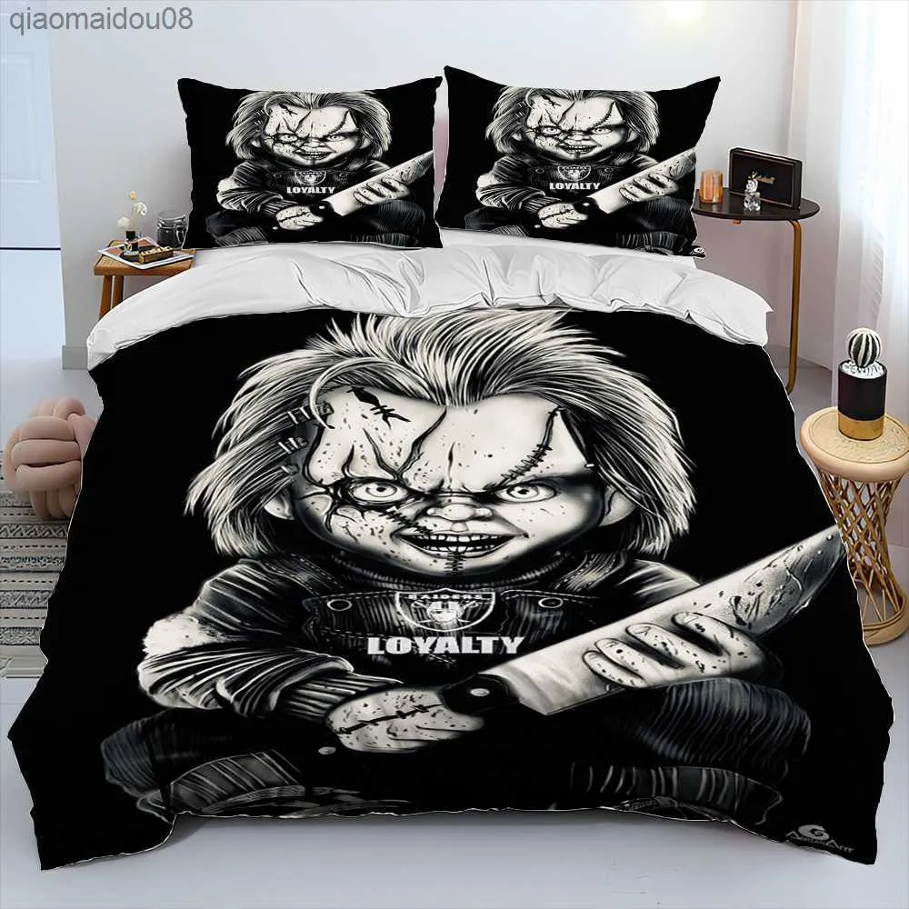 Horrorfilm-Charakter Chucky Saw Tröster-Bettwäsche-Set, Bettbezug, Bett-Set, Bettbezug, King-Size-Bett, Bettwäsche-Set L230704