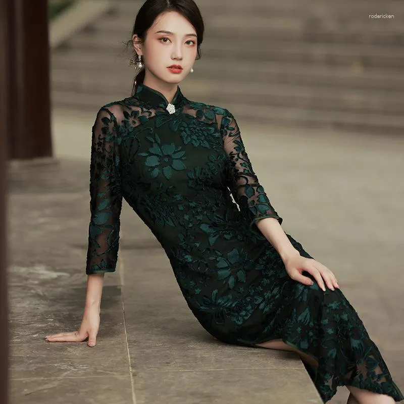 Ethnic Clothing Full Slip Lace Sexy Formal Party Gown Vintage Buttons Retro Chinese Qiapo Dress Mandarin Collar Long Cheongsam Split