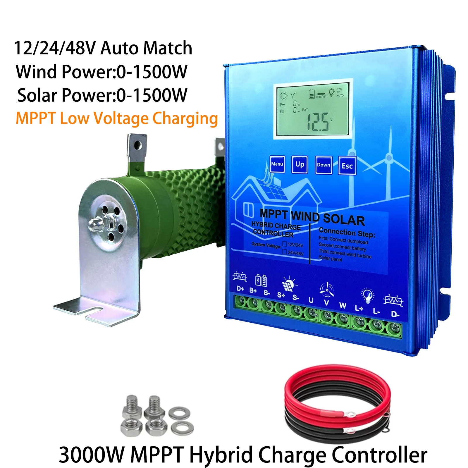3000W 2400W 2000W 1600W 1200W MPPT Hybrid Wind Solar Charge Controller Turbine Generator Solar Panel Booster Controller för 12V 24V 48V All Battery