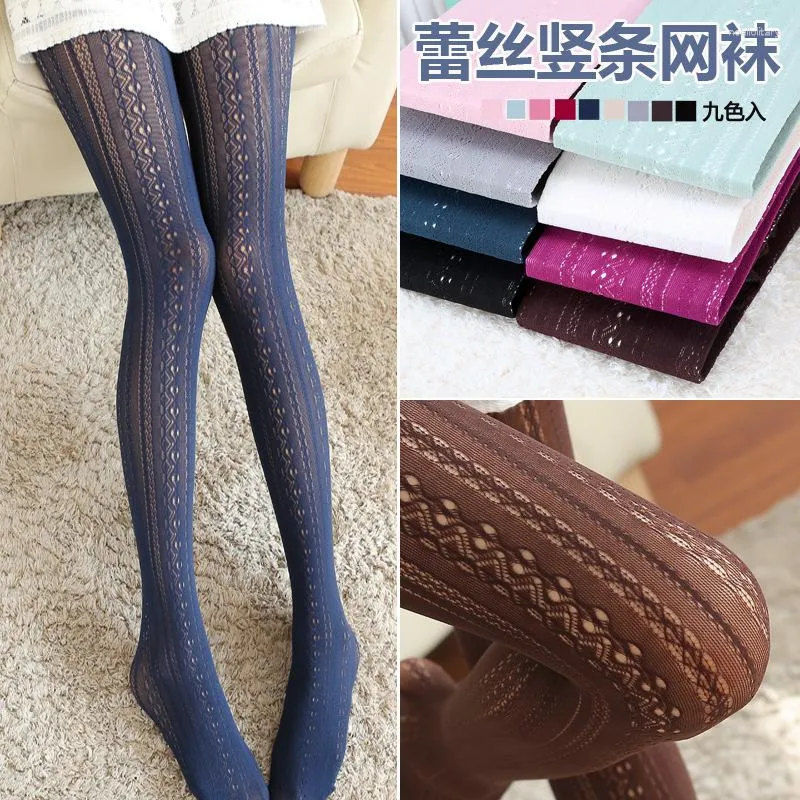 Women Socks Summer Japanese Sexy Tights High Quality Hollow Lace Striped Fishnet Pantyhose Girls Multicolour Stovepipe