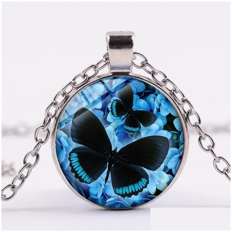 Anhänger Halsketten Blau Lila Magische Schmetterling Halskette Beautif Insekt Blumen Glas Edelstein Lange Kette Handgemachte Schmuck Drop Lieferung Hängen Dh1J7