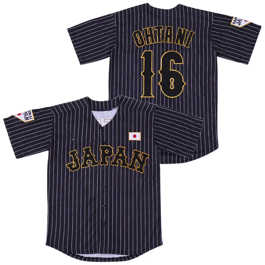 Japan Samurai 16 Shohei Ohtani Black White Stripe Pinstriped