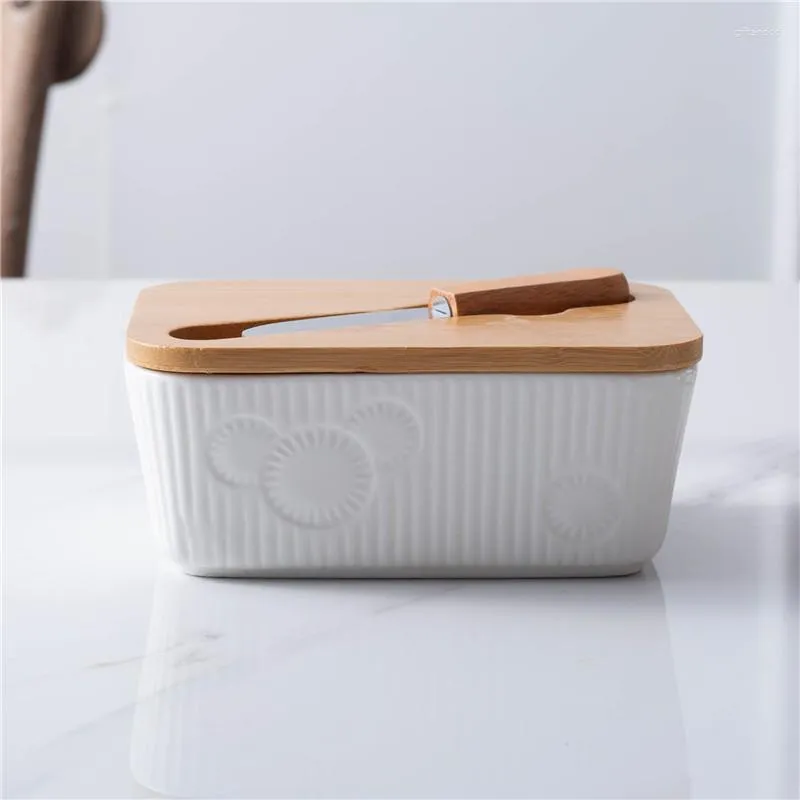 Plates Ceramic Butter Box With Wood Cover And Knife Nordic Kitchen Keeper Plate Storage Tray Cheese Container Dish