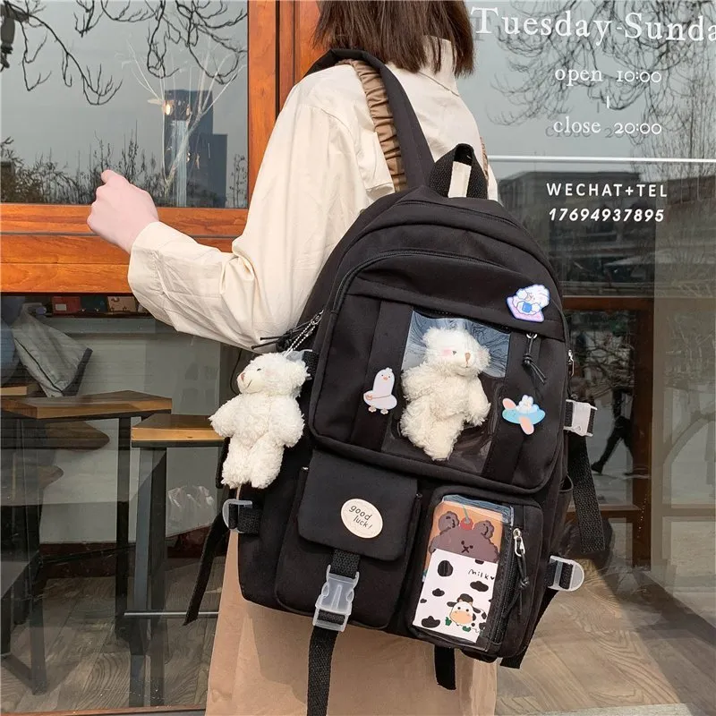 Kawaii Backpack for Girls Japanese School Bag with Multi Pockets Polyester Cute Harajuku Style Pink Purple Blue Black White