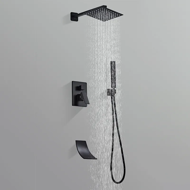 Black Square Rainfall Shower Set - 10 Shower Head, Wall/Ceiling Mount ...