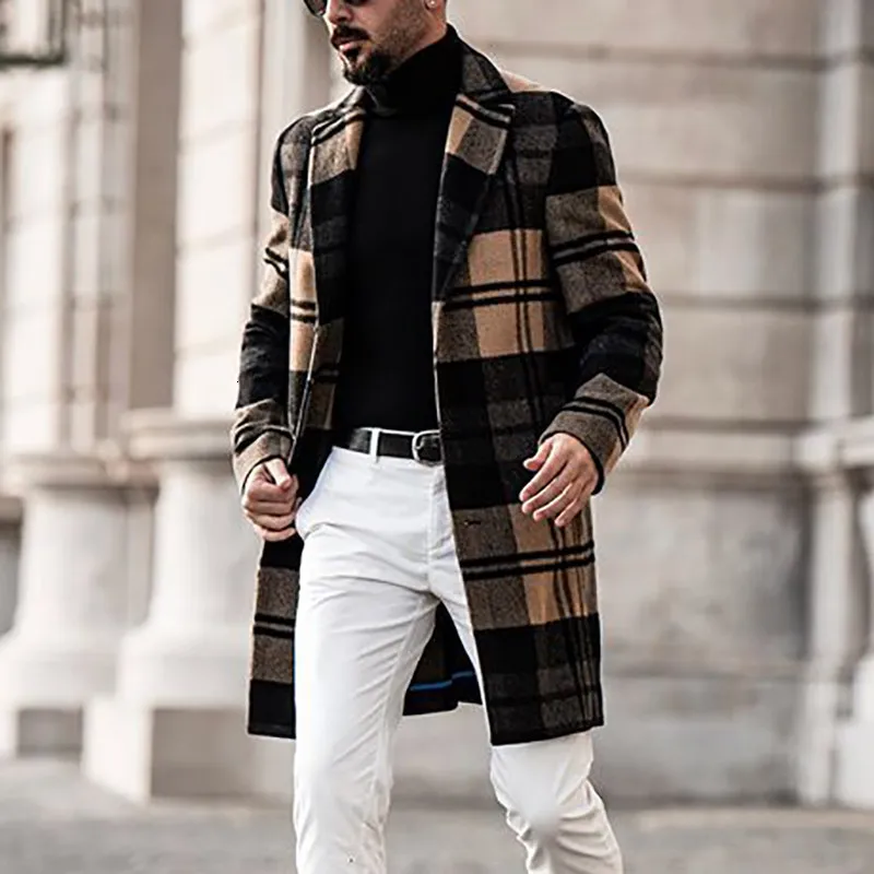 Men' Blends European and American men's clothing plaid woolen slim mid length casual overcoat jacket 230725