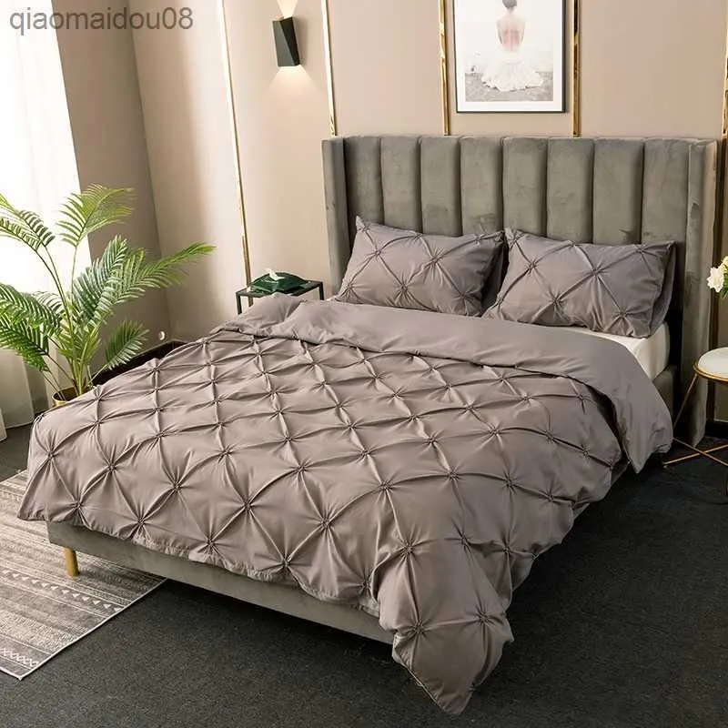 ユーロ寝具セットクイーンサイズのヨーロッパスタイルの布団カバーケースピンチプリーツラグジュアリーベッドカバーセットなしシートキングベッドスプレッドL230704