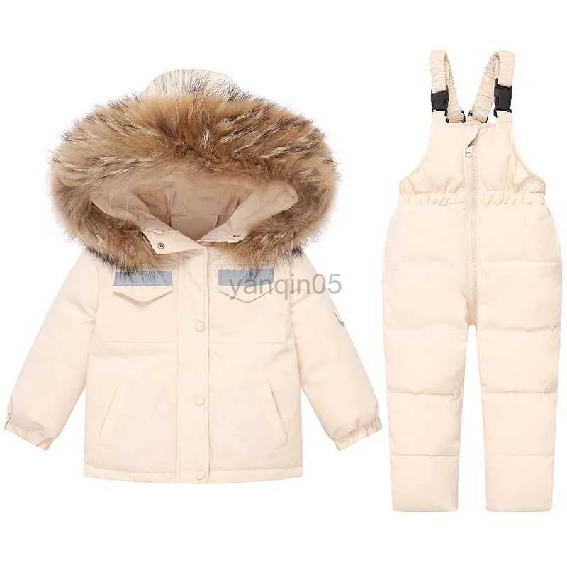 Down Coat Kids Suit Thicken Hooded Coats + Overalls 2Pcs Winter Baby Girl Duck Down Clothes Boys Snowsuit Children Clothing Set Outerwear HKD230725