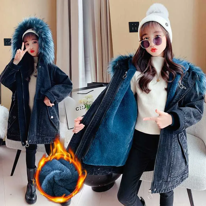 Down Coat Girls Winter Jacket Black svart denim varm plus sammet tjockare ytterkläder barn huva parkas barn vindtät överrock 4 6 8 10y hkd230725