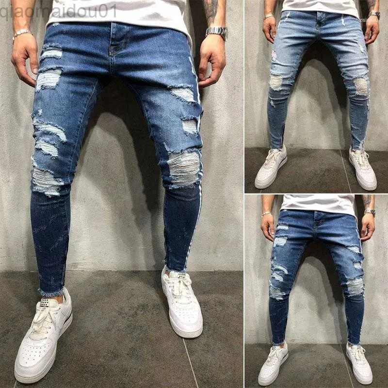 Mäns jeans män jeans män stretchig rippad mager förstörda tejpade lapp smala denim blå jean pants sida remsa fitn koreanska jeans1 l230725