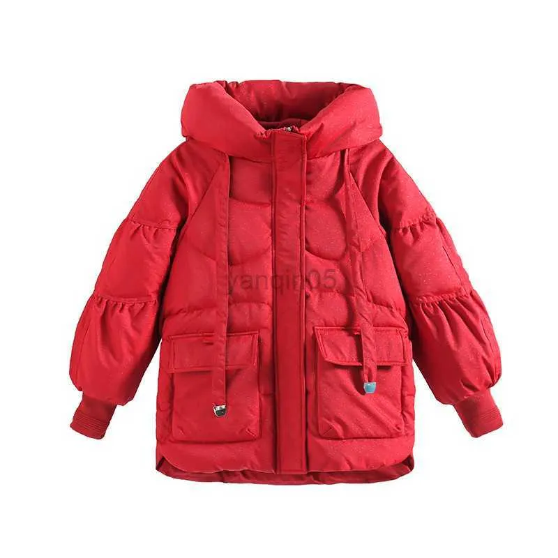 Down Coat 10 12 years Gir Winter Down Jackets Hoodies Thicken Red Color New Year Clothing for Kids Girl Teenager Warm Coat HKD230725