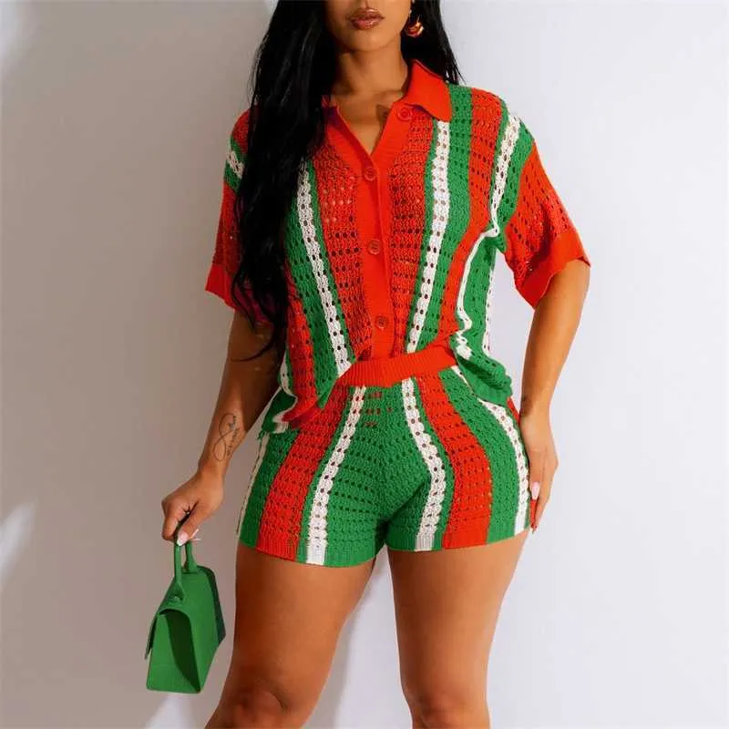 2023 Summer Designer Womens Tracksuits Sexy Hollowed Out Perspective Contrasting Lapel Knit Shorts Set Two Piece Sweater Set