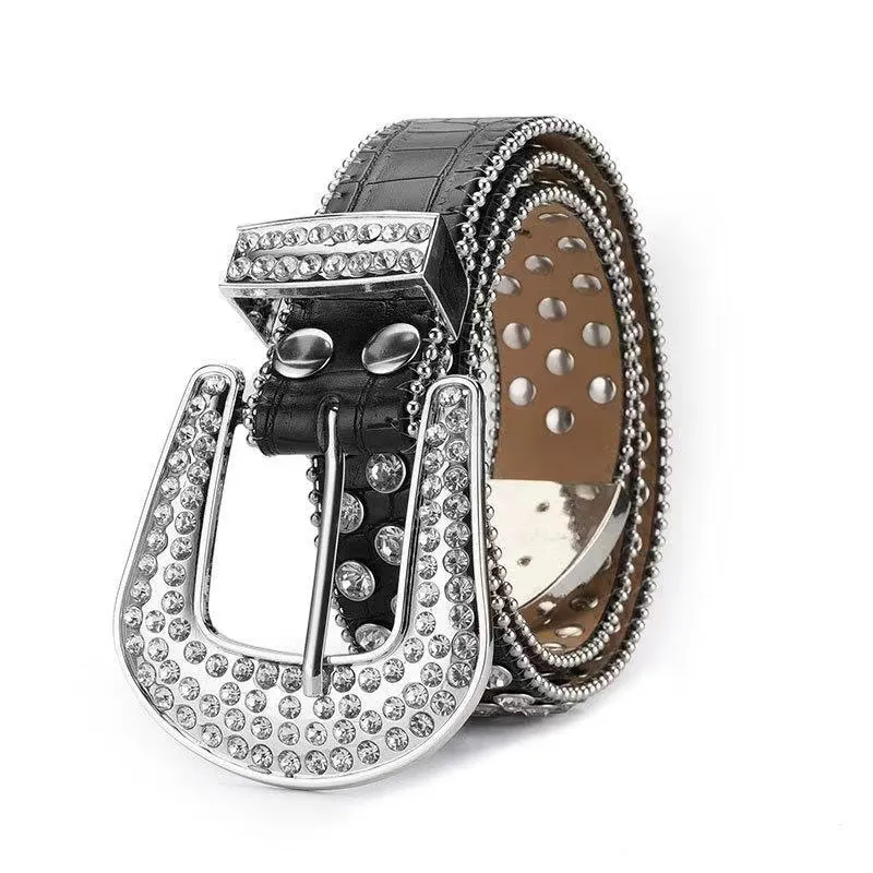 New European Men's and Women's Belts Rivet Rhinestone Inlaid Fashion Trend Wide Belt Punk Jeans Strap