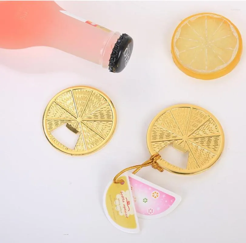 Festförmån !! Partihandel 100st/Lot Gold Citrus Slice Metal Bottle Opener Wedding Souvenirs Return Gifts till gäster