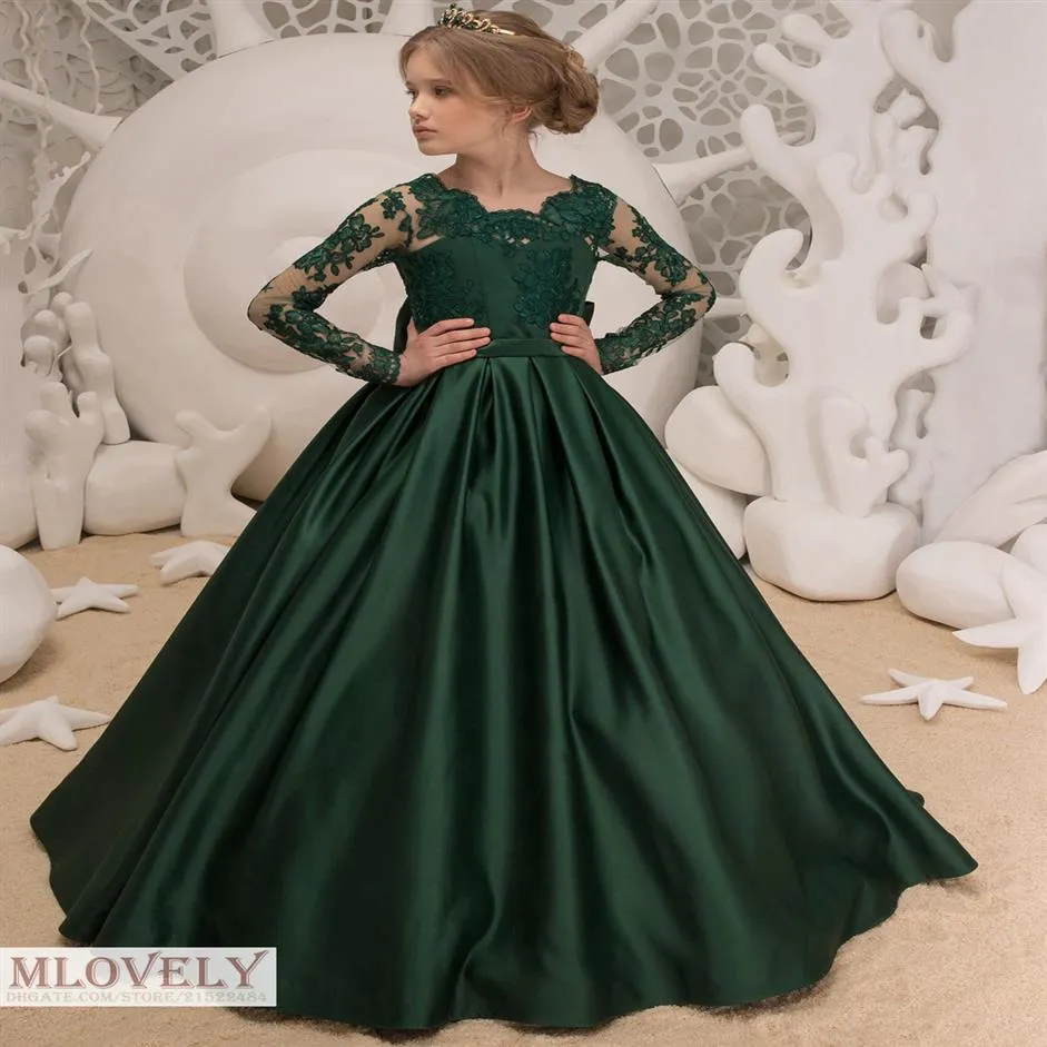 Прекрасное атласное темно-зеленое платье детского театрализованного платья с кружевными длинными рукавами для девочек в возрасте 4-12 лет 224O