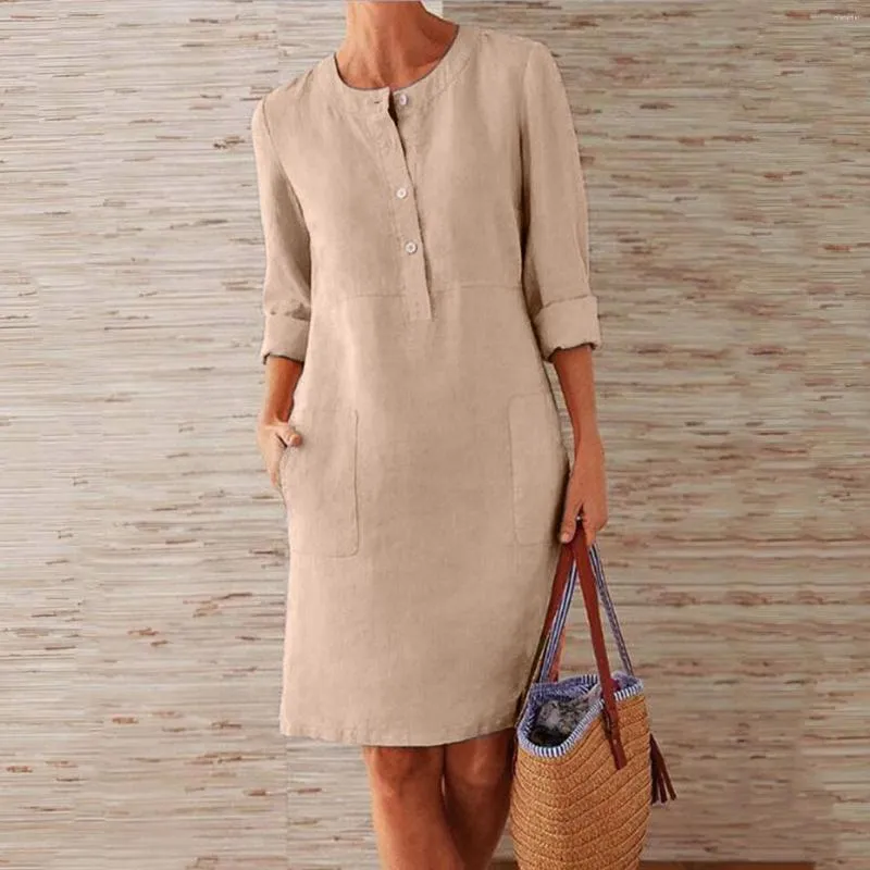 Casual Dresses Round Women's Neck Knee-Length With Buttons Dress Loose Boho Knit Women