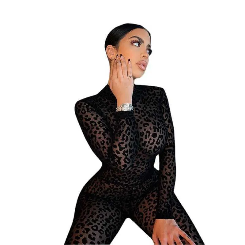 Combinaison Femme PIDUDU Imprimé Léopard Maille Transparente - Manches Longues, Taille Haute, Noir