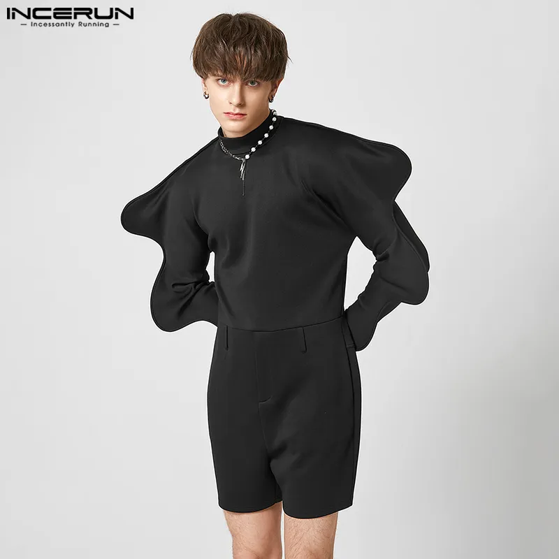 INCERUN Men Rompers Solid Streetwear Turtleneck Long Gigot-sleeve Fashion Male Jumpsuits 2023 Casual Irregular Playsuits S-5XL