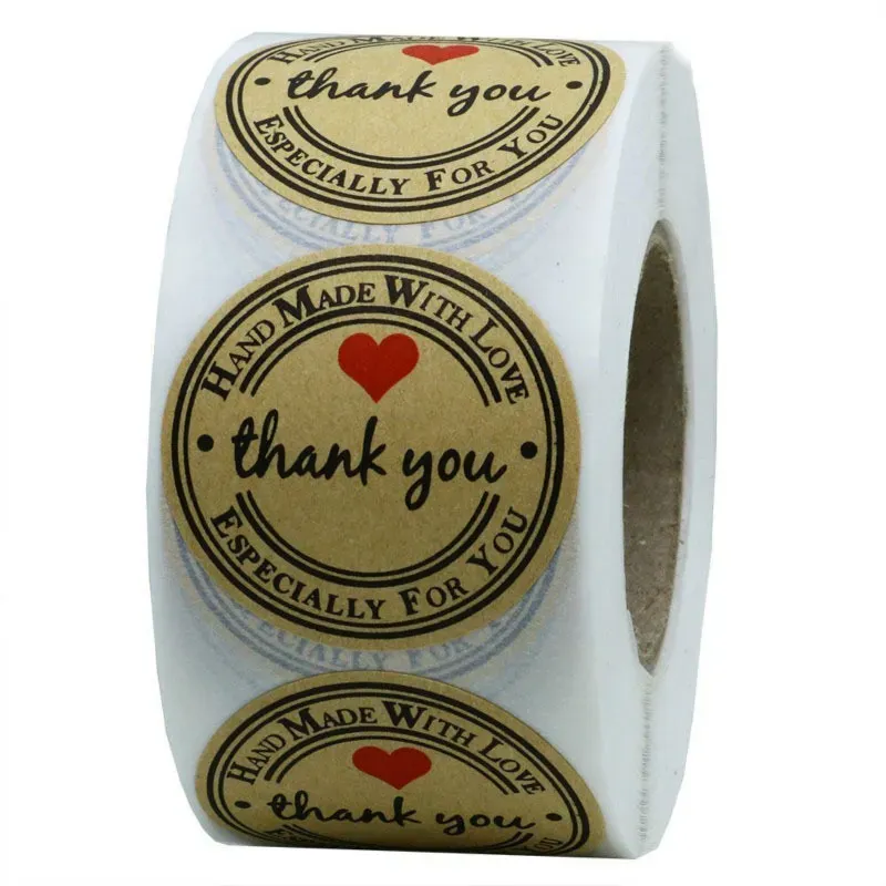 Großhandel 1 Zoll rundes Kraftpapier „Dankeschön“, selbstklebender Aufkleber, handgefertigt mit Liebe, Backpaketaufkleber, Umschlagsiegeletikettenaufkleber