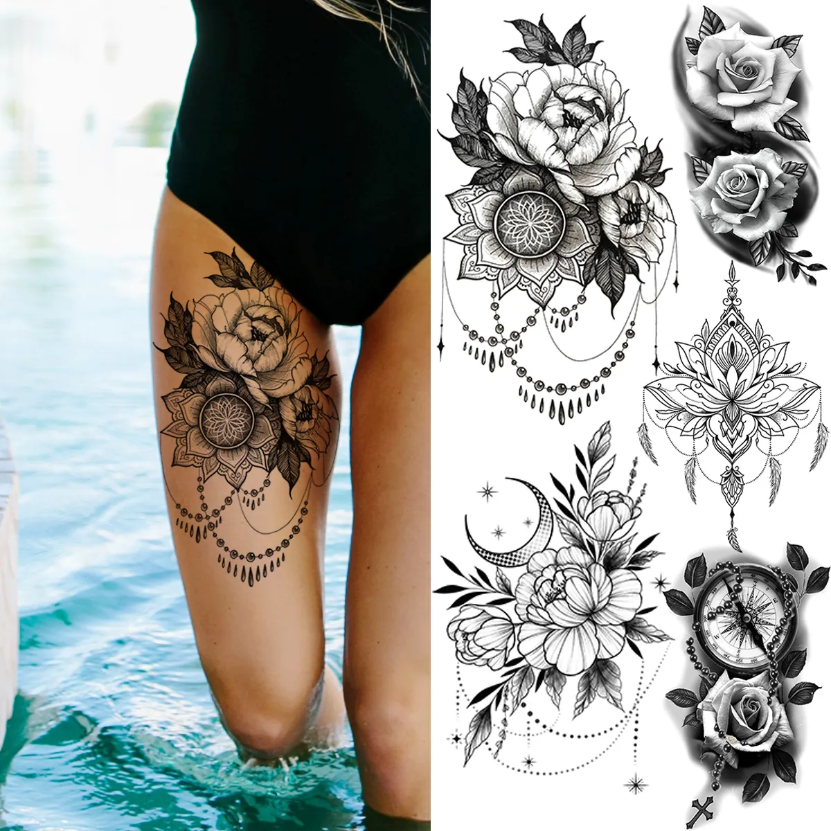 3D schwarze Rose Blume Mandala Anhänger temporäre Tattoos für Frauen Erwachsene Lotus Pfingstrose Kompass Fake Tattoo Sexy Oberschenkel waschbar Tatoo