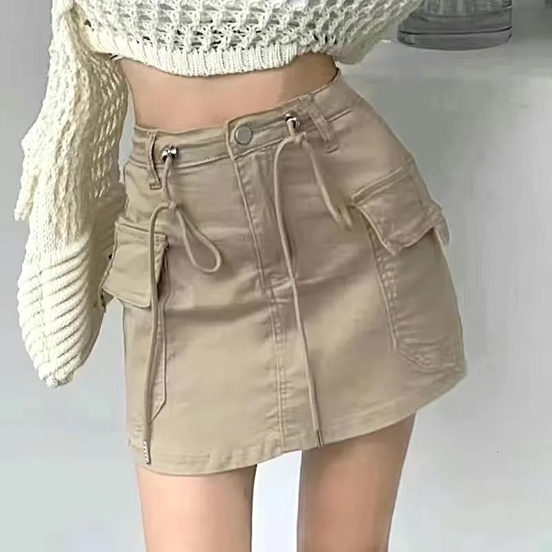 Skirts Commodity mini Denim leather women's summer army green multi pocket street clothes leather brushed high waist mini leather women 230720