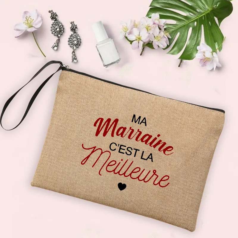 Madrinha Presentes Mulheres Neceser Bolsa de Maquiagem Melhor Madrinha do Mundo Estampa Linho Bolsa com Zíper Bolsa de Viagem Organizador de Higiene Pessoal Bolsa de Cosméticos