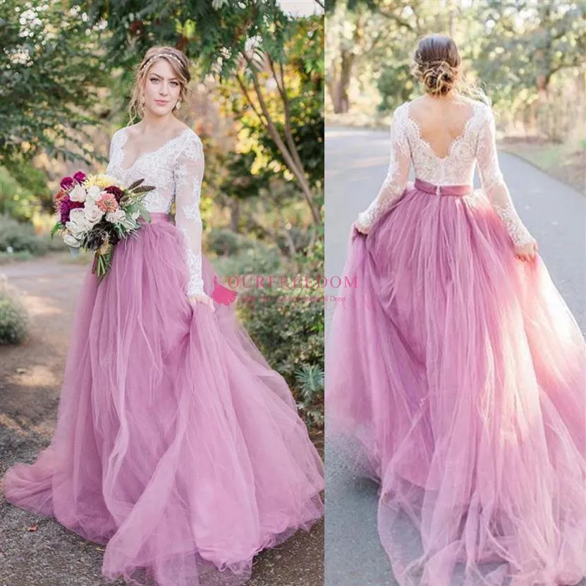 2020 Bohemian Pink Wedding Dresses V Neck Long Sleeve Lace Sweep Traad Beach Boho Garden Country Bridal Gowns Robe de Mariee Plus 269U