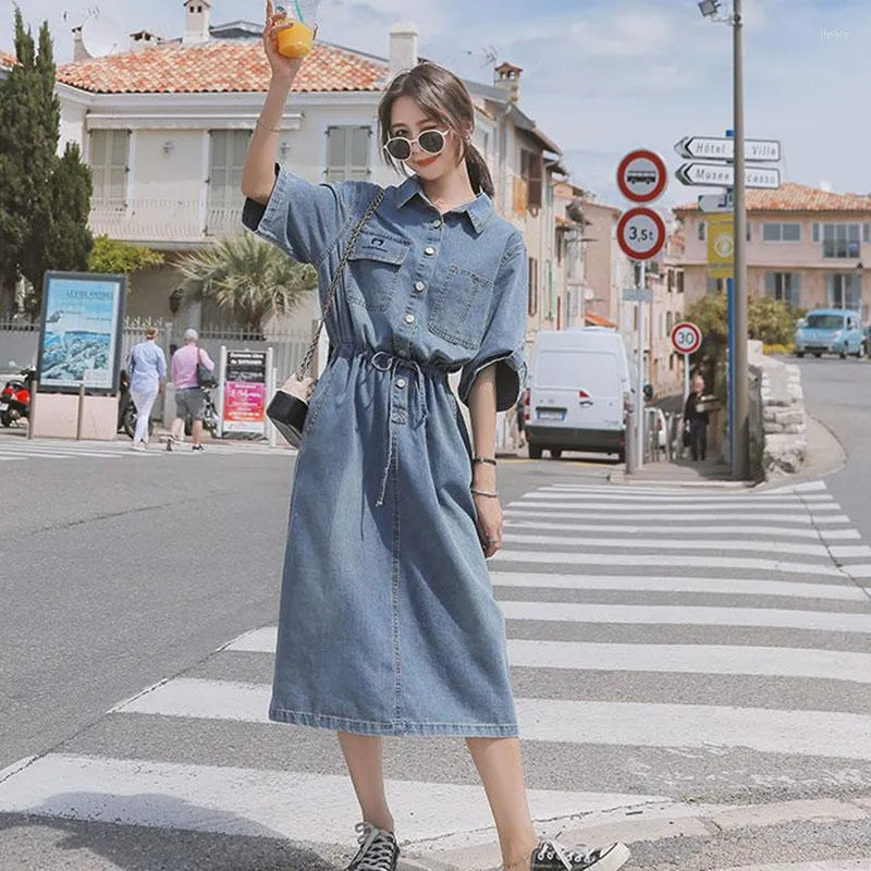 Korean Fashion Women's Maxi Denim Dress - Short Sleeved, Midi-Length, Split Thin, Elegant Casual Clothes for Summer Trend Korean Fashion Women's Maxi Denim Dress - Short Sleeved, Midi-Length, Split Thin, Elegant Casual Clothes for Summer Trend