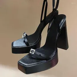 Sandals Black Platform Chunky High Heels Crystals One Belt Party Shoes Ankle Straps Outwear Thick Sole Peep Toe For Women