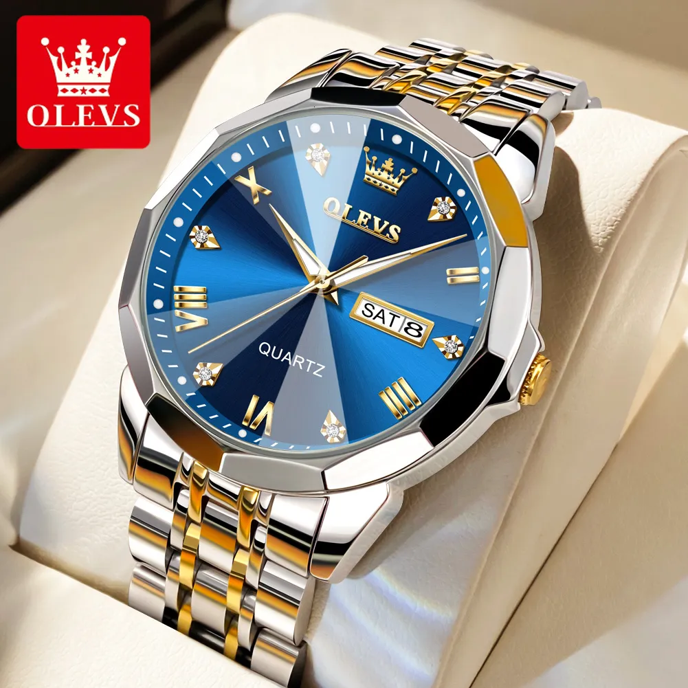 Начатые часы Olevs Мужские наблюдатели Rhombus Mirror Original Quartz Watch для мужчины Водонепроницаемые светящиеся наручные часы из нержавеющей стали мужское дата неделя 230724