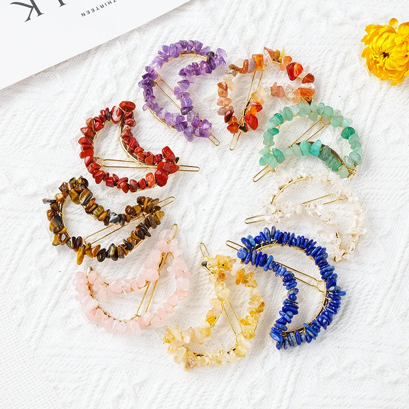 Natural Chip Stone beads Moon Hair Clips Chakra Yoga Crystal Hairclip Amethyst Rose Quartz Hairpin Hair clip Accessories