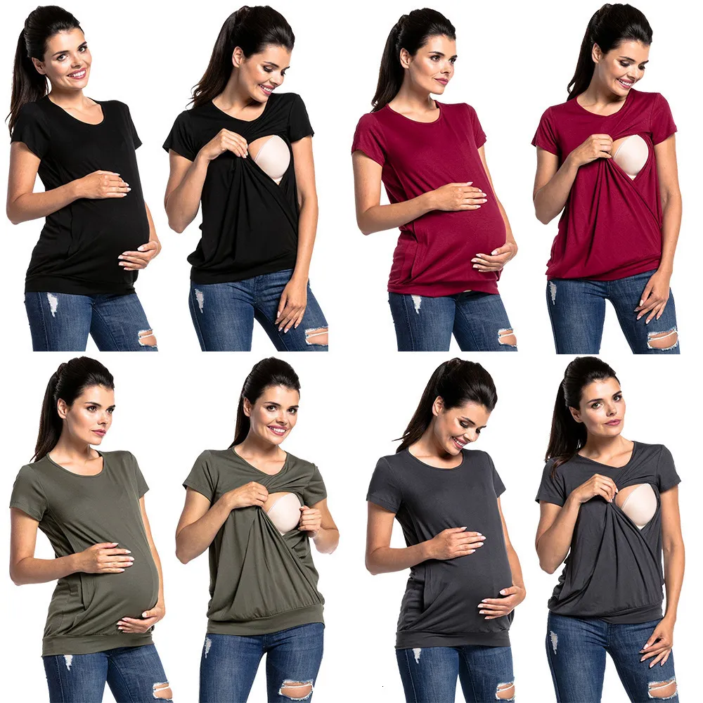 Maternity Tops Tees Women Pregnant Women Pregnancy Clothes Breastfeeding T Shirts Nursing Short Sleeve Solid Tops Pregnant Women Fashion Loose Tops 230724