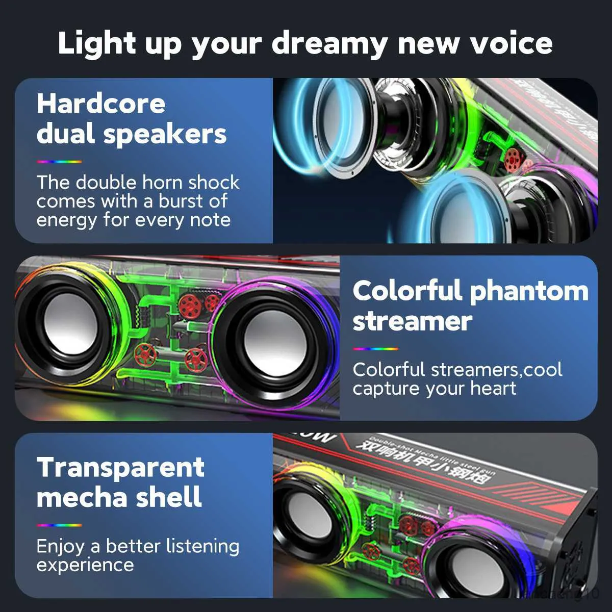 Haut-parleurs portables Transparent Mecha Haut-parleur sans fil Bluetooth Sound Light Rhythm Subwoofer Centre de musique stéréo Appel mains libres R230725