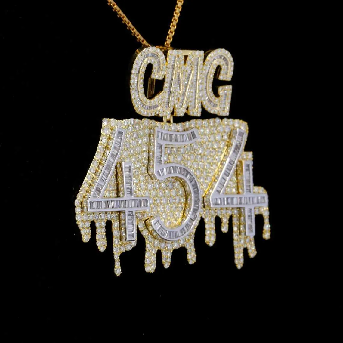 Rapper Luxury Custom Vvs Iced Out d Color Baguette Moissanite Diamond Numbers Ciondolo Charm Argento 925