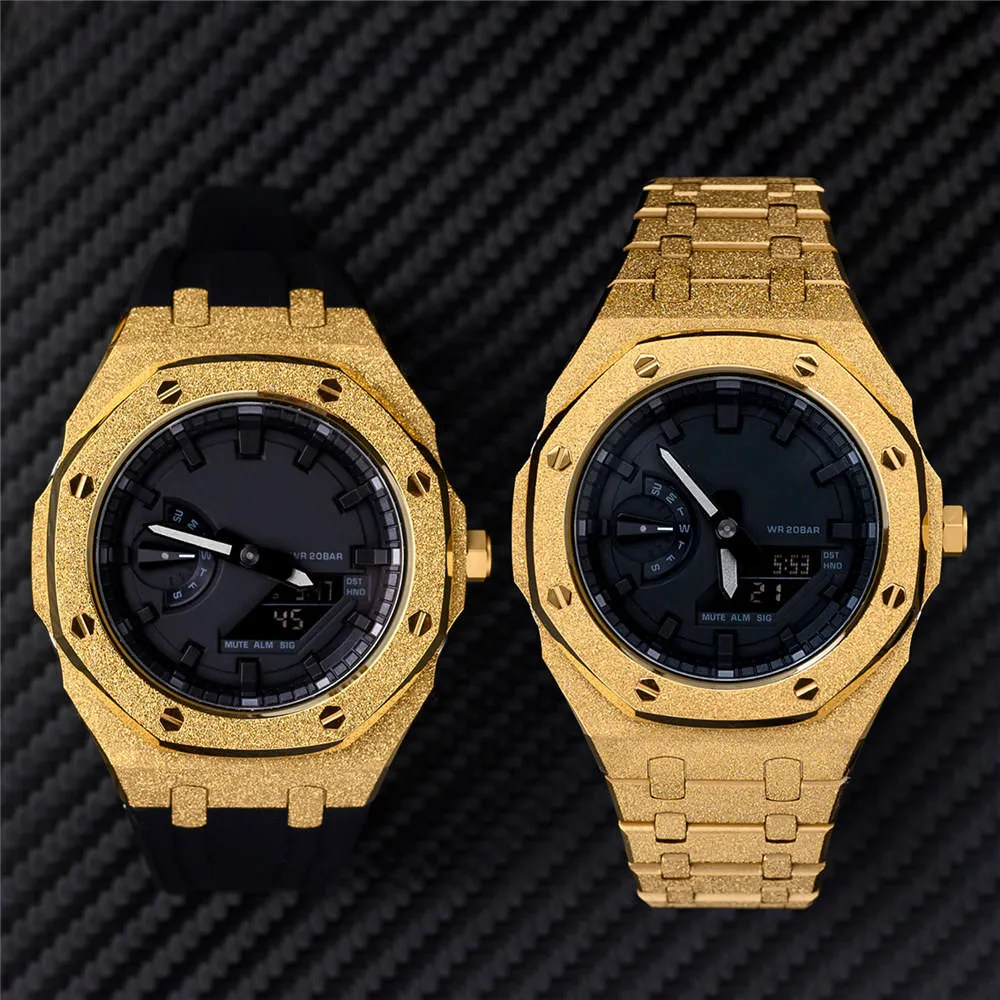 Premium Frost Gold Stainless Steel Bezel AP Mod Kit Protective Case Band Strap Cover for G-SHOCK GA-2100