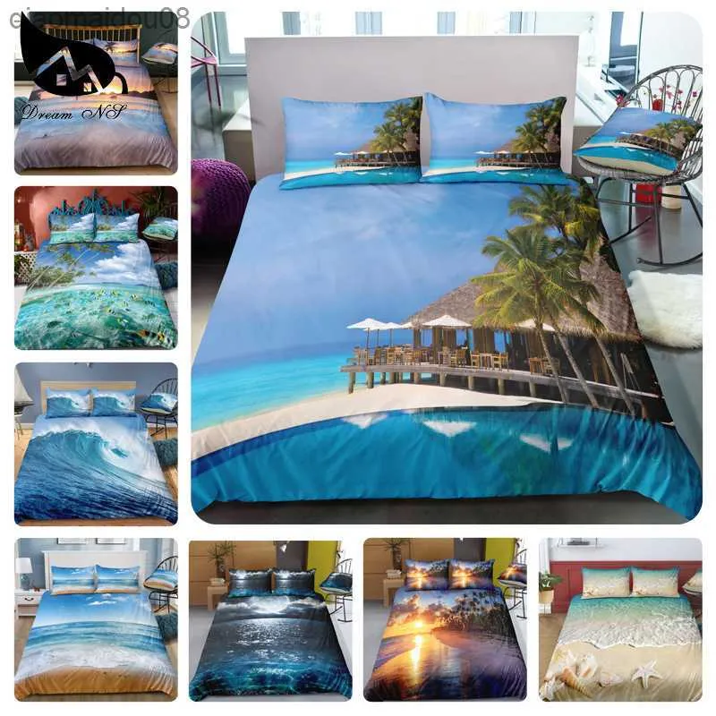 Dream NS Modern Nature Bedding Set 3D Digital Printing Beach Coconut Grove Summer Bedroom Quilt Cover Case Bedding Kit L230704