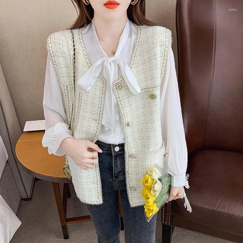 Coletes Femininos Chegada Moda Feminina Decote em O Sem Mangas Pequena Fragrância Coreano Tweed Xadrez Colete Clássico Mola Colete Casaco Casual Vestir
