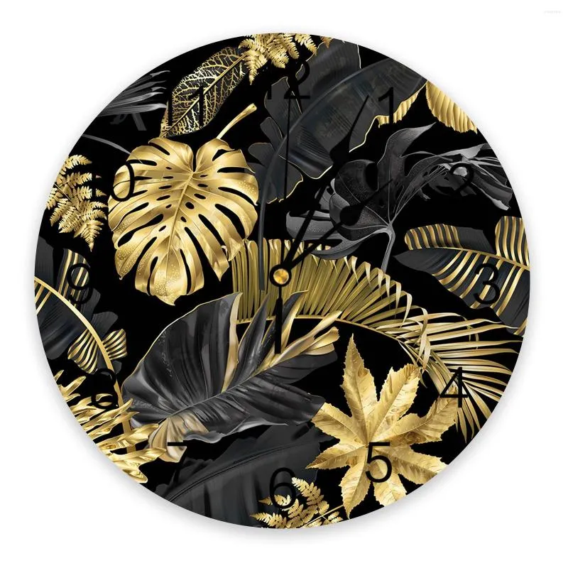 Orologi da parete Foglie d'oro Sfondo nero Orologio Design moderno Soggiorno Decorazione Cucina Silenzioso Home Decor