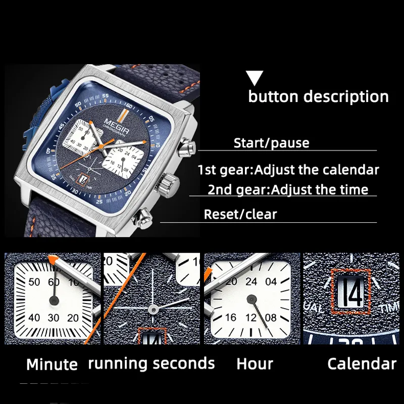 Megir Orologio Uomo Cronografo Quadrato - Datario, Impermeabile 3 ATM, Cinturino In Pelle Nero E Blu - 3