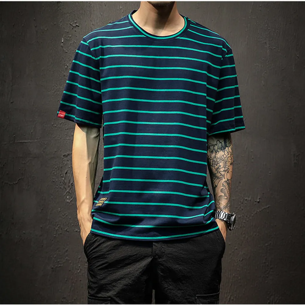 Nowa koszulka męska 2023 Letnia moda O Neck z krótkim rękawem Hip Hop Striped T-shirt Man Casual Oversize Top Tees Streetwears 5xl