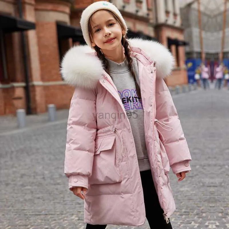 Down Coat Winter Children's Fashion Long Down Coat Girls 'Waterproof Hooded Down Jacket Medium och stora barns tjocka vinterkläder HKD230727